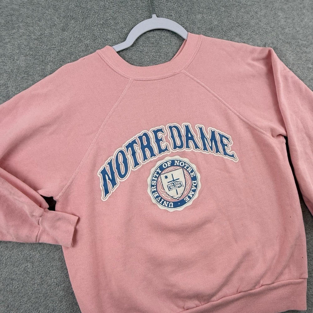 Vintage 80s Notre Dame Sweatshirt Pink Blue Raglan Letters Medium Girly Rare M - Picture 2 of 9